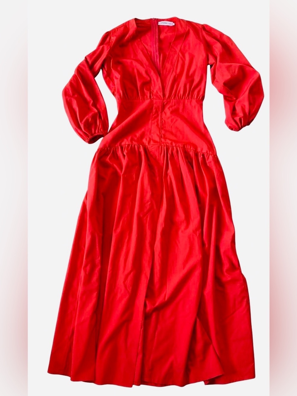 Vibrant Red V-Neck Maxi Dress with Balloon Sleeves
